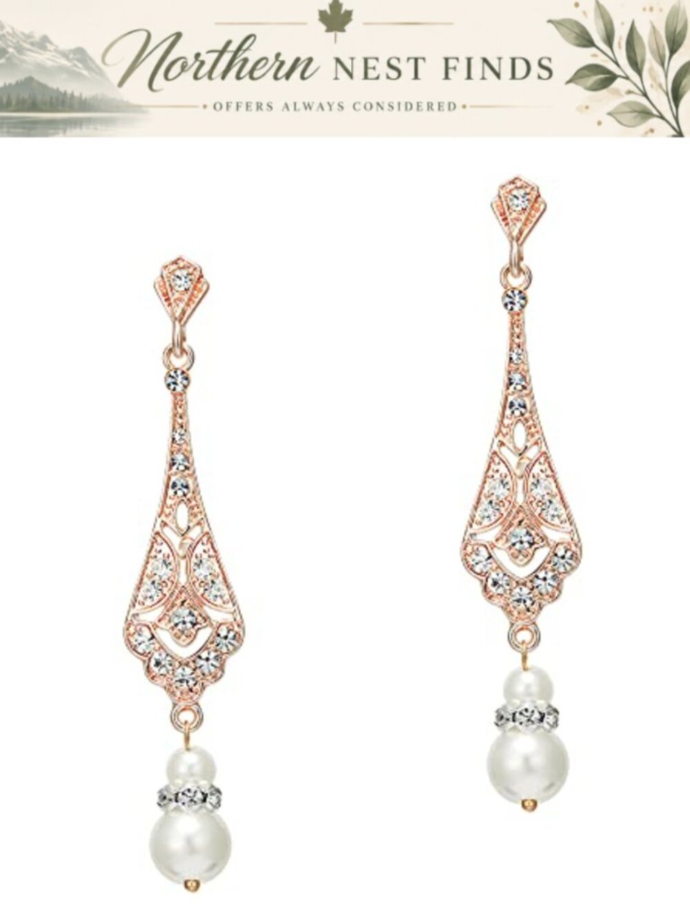 Art Deco Gatsby Crystal Dangle Pearl Earrings 1920s Flapper Vintage Wedding